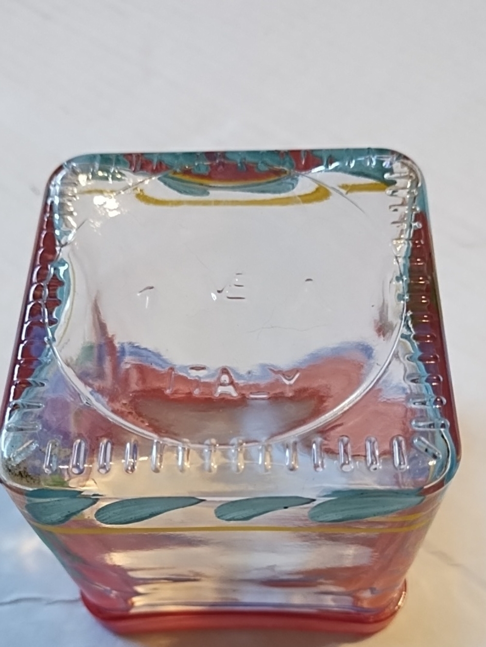 Hand-Painted Square Glass Votive or Trinket Dish - Purple Floral with Red Rim - Picture 4 of 6